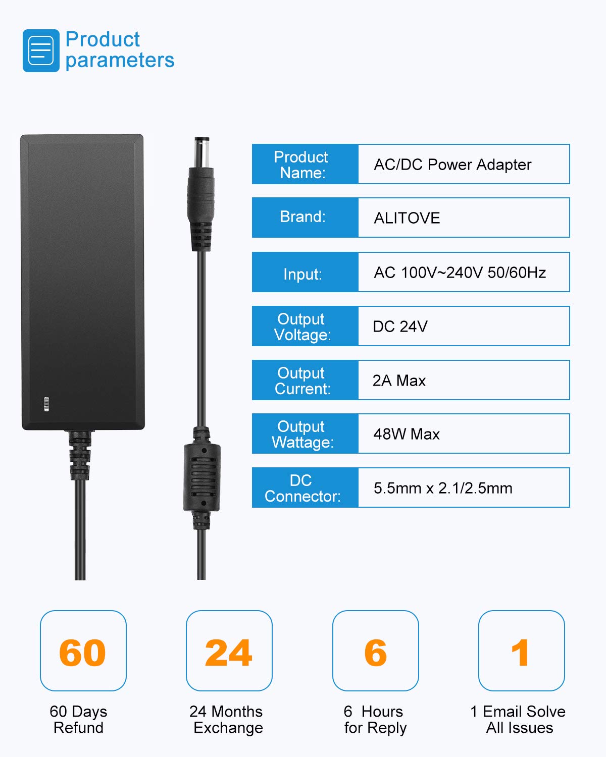 ALITOVE 24V DC Power Supply 2A 48W AC/DC Adapter 100~240V AC to DC 24 Volt 2 Amp Converter 24 vdc 2000mA 1.8A 1.5A 1.3A 1.2A with 5.5mmx 2.5mm 2.1mm Plug for LED Strip Light CCTV Camera DC Pump Fan