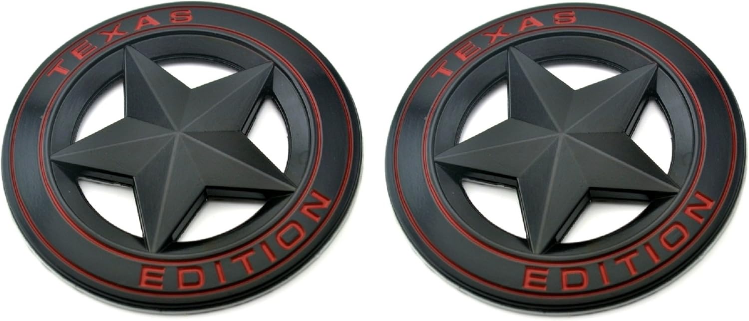Amazon Muzzys 2つのセット Texas Edition Starのブラックとレッドラウンド3 シールドエンブレムユニバーサルスティックonトヨタタンドラ タコマ フォードf150 Chevy Silverado 日産タイタン フード ドア テールゲート グリル フェンダー ウィンドウ