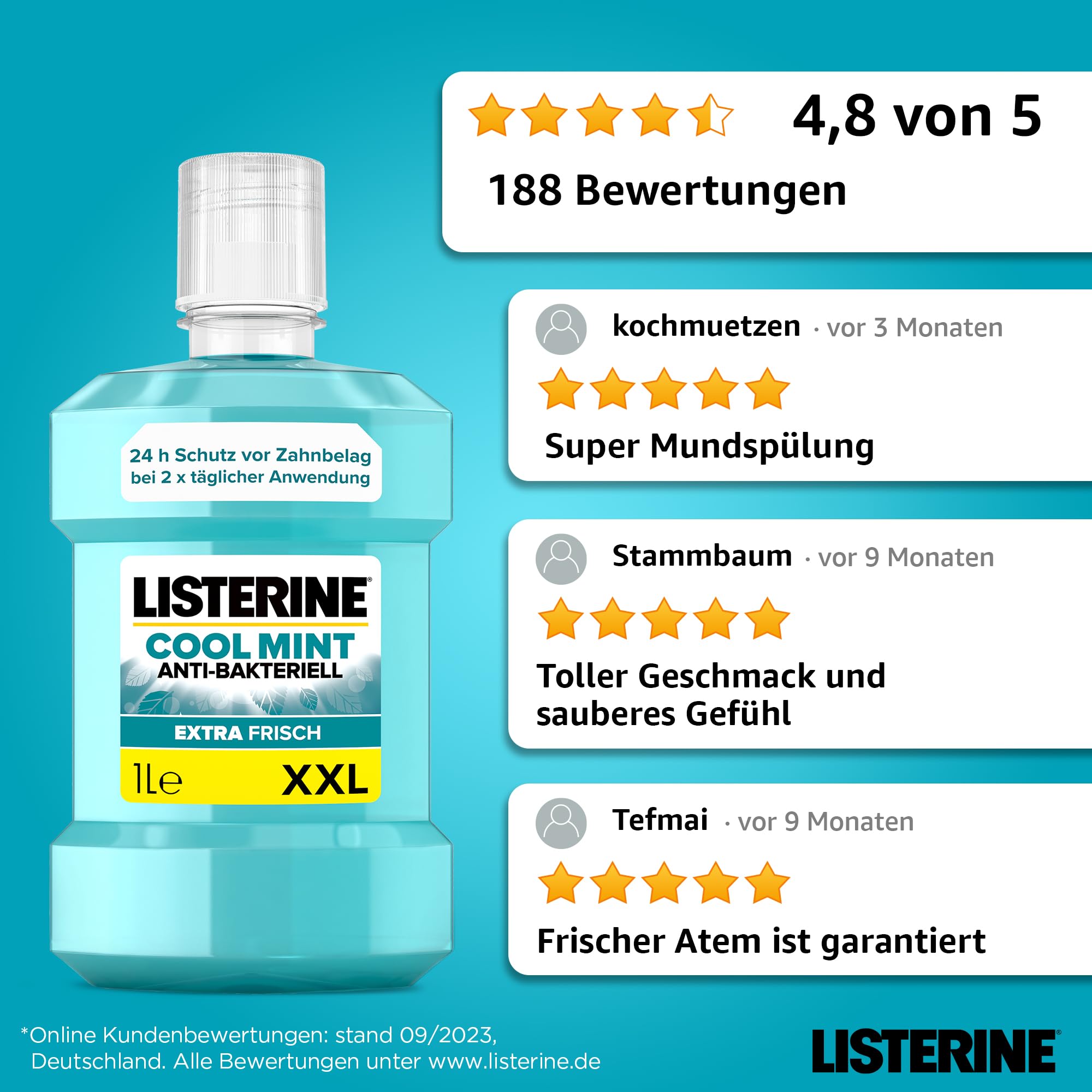 LISTERINE Cool Mint Mundwasser 1000 ml, antibakterielle Mundspülung mit ätherischen Ölen und intensivem Minzgeschmack, Zahnpflege-Spülung reduziert Zahnbelag und bekämpft wirksam Mundgeruch 7