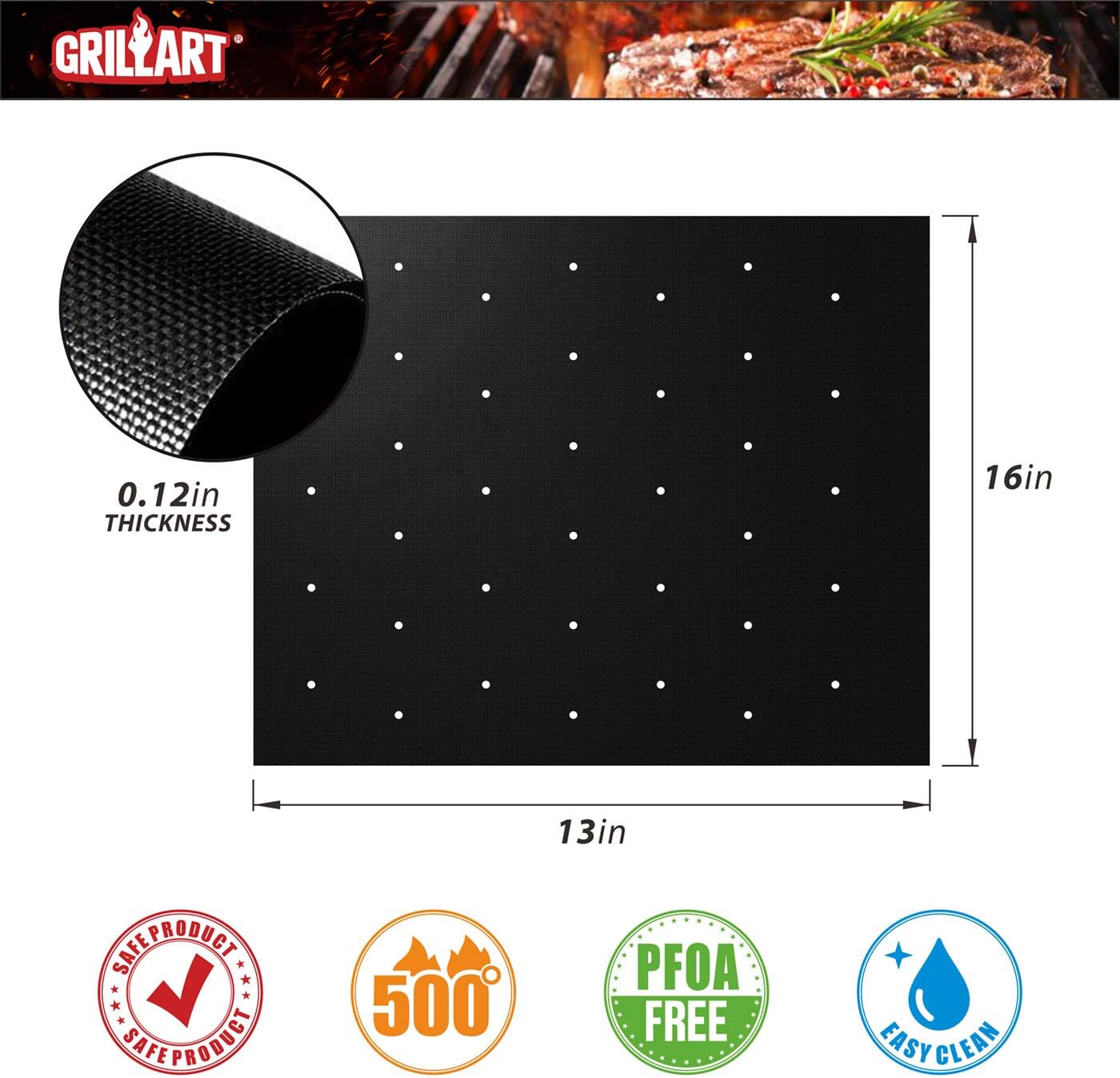 GRILLART BBQ Grill Mat, Non Stick BBQ Mat with Holes Heavy Duty 500 Degree Grill & Baking Mats (Set of 4), Easy Clean & Use BBQ Accessories, Reusable on Gas Charcoal Electric Grills: Garden & Outdoor