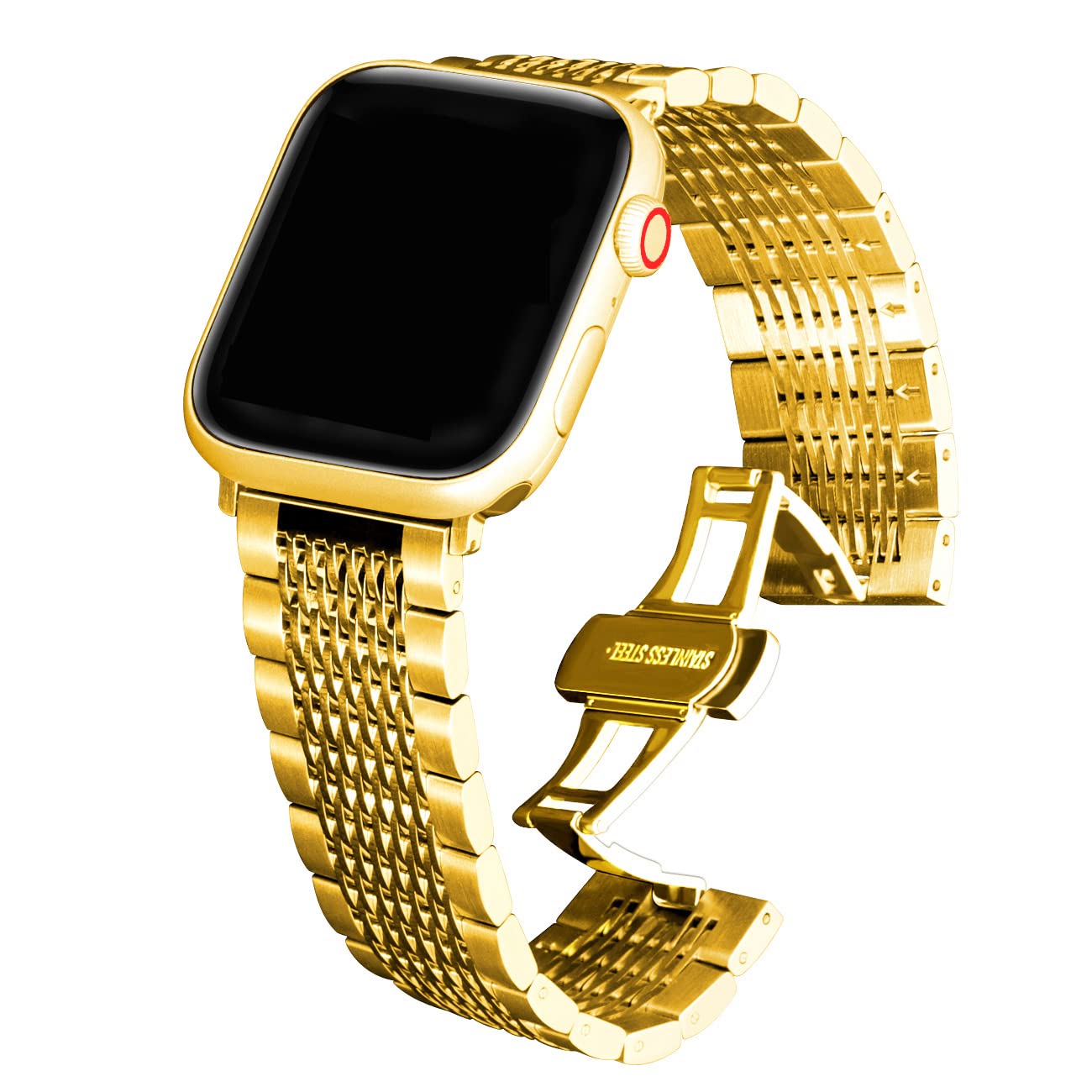Kai Tian Solid 42mm 44mm 45mm 49mm Polished&Matte Mesh Watch Strap Compatible for Apple Watch Band Stainless Steel Replacement Bracelet for iWatch Series 7 6 5 4 3 2 1 Sport Gold