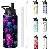 32oz Jellyfish Water Bottle with Handle and Flip Straw, Ocean Sports Stainless Steel Insulated Cup Travel Coffee Mug Tumbler, Birthday Mothers Day Chritmas Gifts for Women