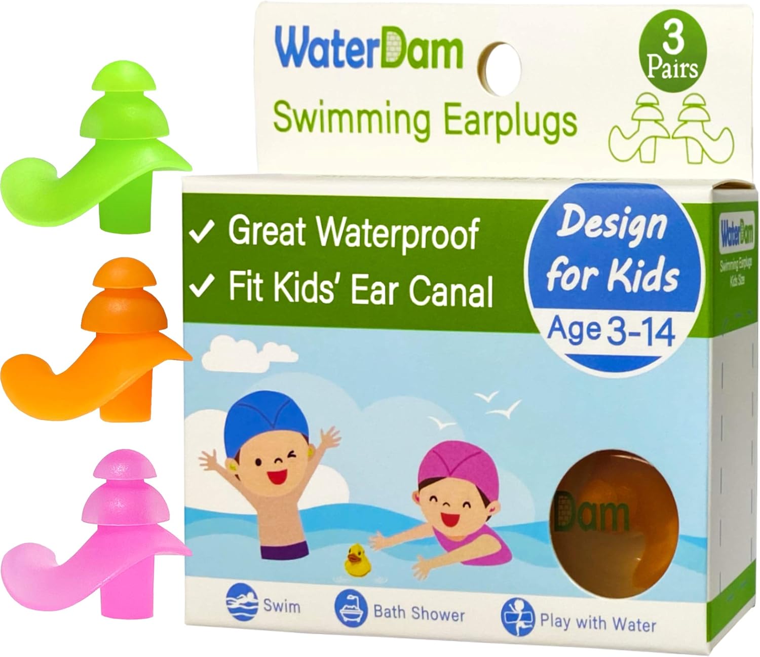 WaterDam Ear Plugs for Swimming Kids – 3 Pairs Soft Silicon Earplugs Reusable, Great Waterproof !!! Prevent Swimmer’s Ear (Green, Orange, Pink): Health & Personal Care