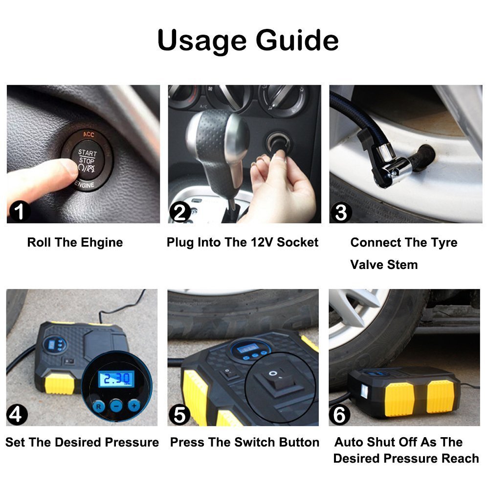 Compresseur d\'air Portable, QZT 12V Digital Compresseur avec Lampe LED ,3 Adaptateurs de Buse,Câble 3m -150PSI