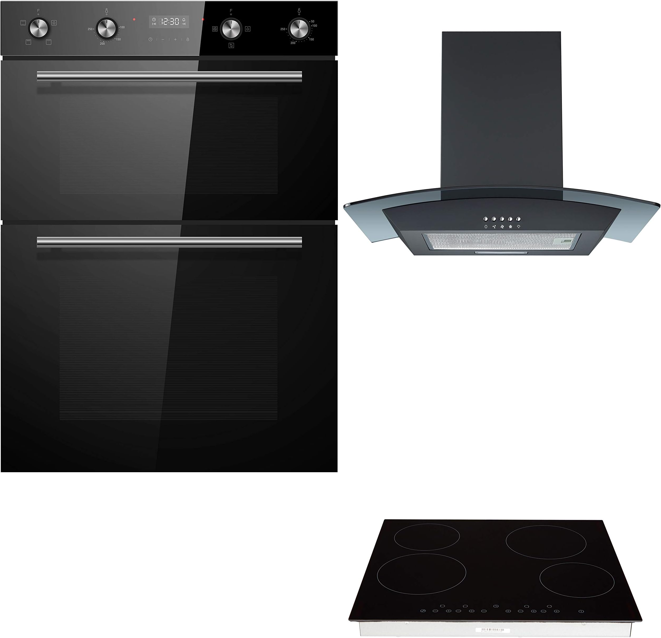Cookology Black Built-in Double Oven, Ceramic Hob & Curved Glass Hood Pack