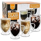 Kitchen Kite Double Wall Glass Coffee Mugs - 11oz Dishwasher & Microwave Safe Clear Mugs Set of 4 - Insulated Design, Ideal as Cups for Tea, Latte, Cappuccino, Nespresso, Hot & Cold Beverages