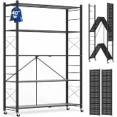 ALANNG 40" W Foldable 5-Tier Storage Shelves on Wheels Adjustable | Removable Metal Rack, Heavy Duty Rolling Organizer for Kitchen, Garage, Closet, Pantry, and Office (Black,1 Pack)
