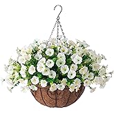 Ivydale Artificial Fake Hanging Flowers Plants Baskets for Outdoor Spring Summer Decoration, Faux Silk White Morning Glory Look Real UV Resistant for Outside Porch Patio Balcony Yard Front Door Garden