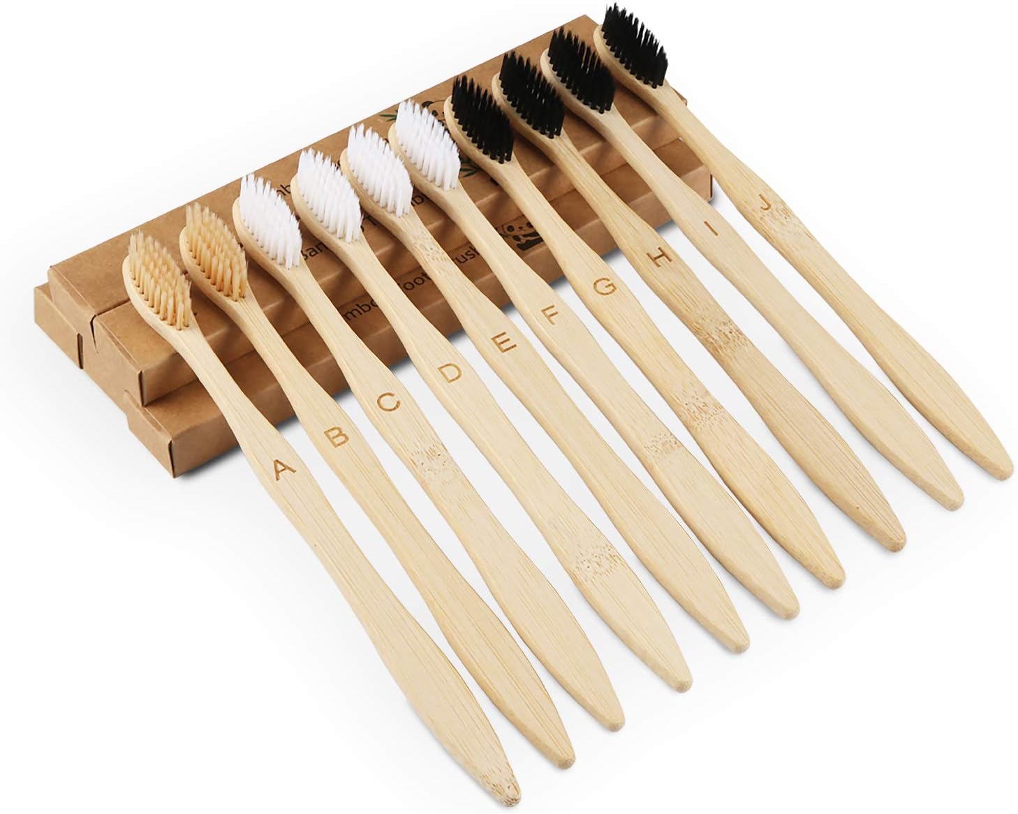 10 Pack Bamboo Toothbrush, Eco-Friendly Biodegradable Handle BPA Free Brush Adult Size, Soft Nylon Bristles, 3 Colors