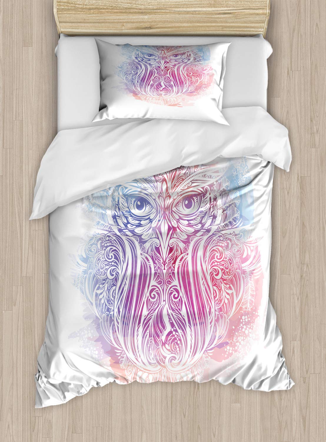 Ambesonne Owl Duvet Cover Set, Woodland Bird Design with Floral Motifs Boho Culture, Decorative 2 Piece Bedding Set with 1 Pillow Sham, Twin Size, Blue Peach