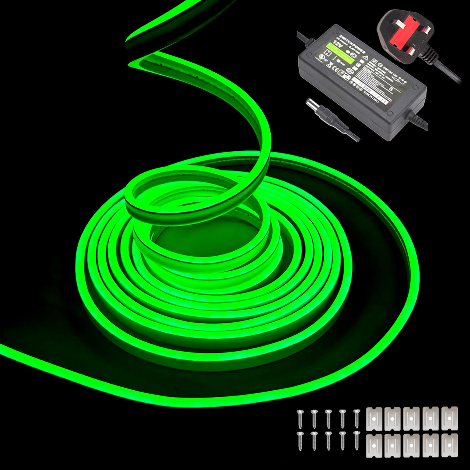 Gcidto Flexible 5M Green Neon LED Strip Lights，12V DC 600 LEDs Waterproof SMD2835 for DIY Decor Lights for Parties, Bars, Bedrooms, Store Signs(Includes Power Adapter).