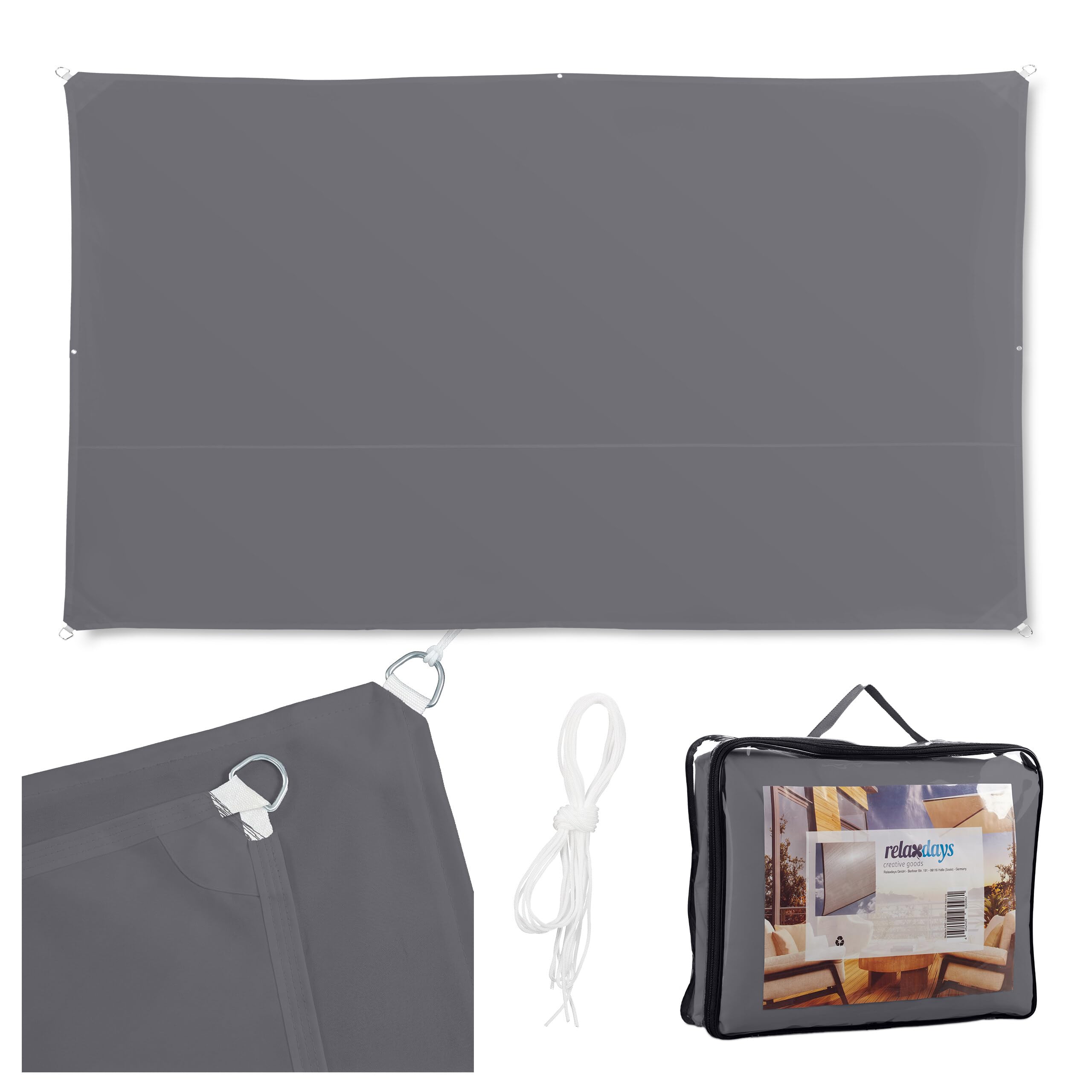 Relaxdays Shade Sail, Rectangular, Water-Repellent, UV-Protection with Tethers, Balcony Canopy, WxD: 2x4 m, Grey