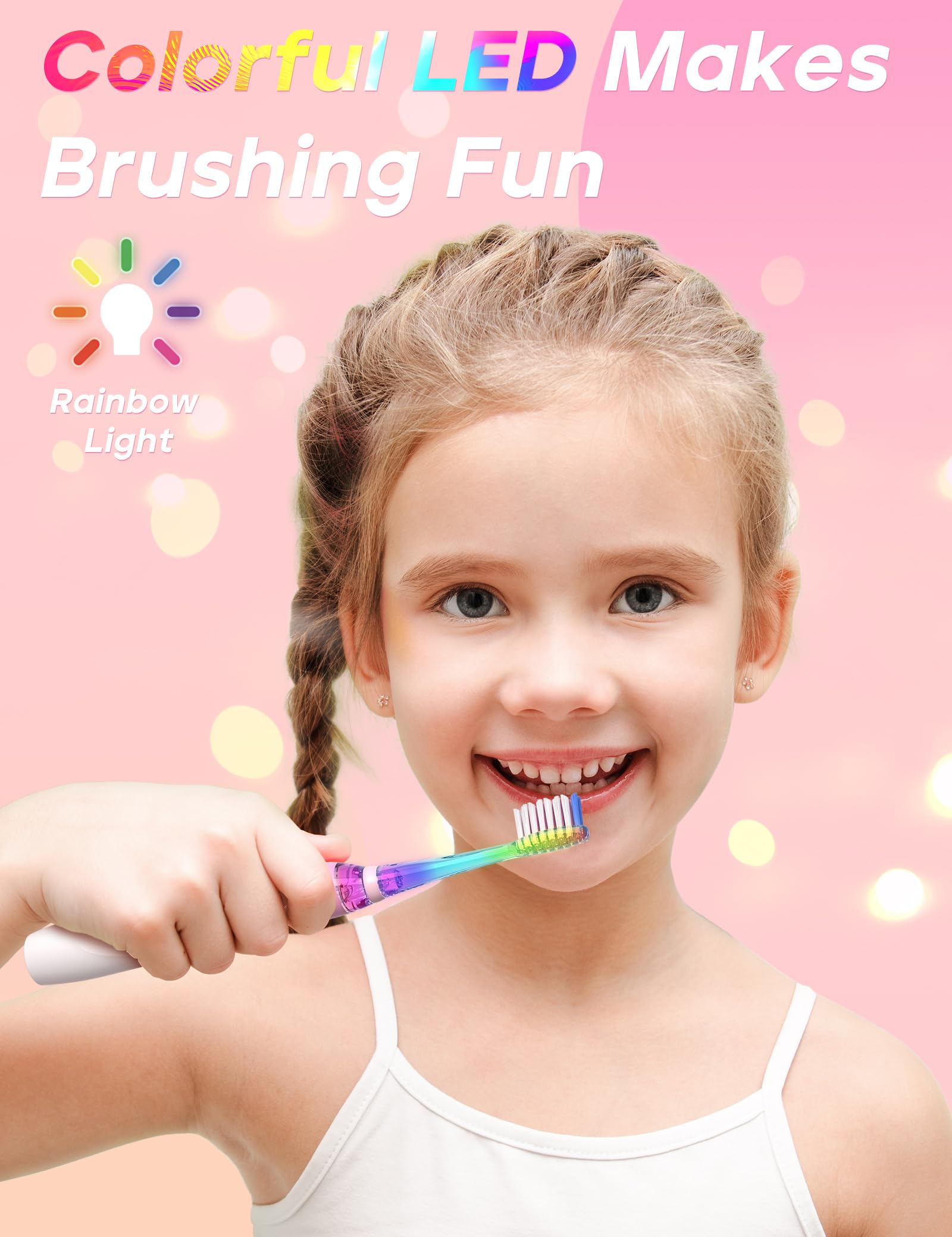 SEAGO Kids Electric Toothbrush with 2 Mins Brushing Timer and 8 Replacement Bursh Heads,Rainbow LED Light Make Brushing Fun, Pink Color Girls Battery Powerd Toothbrush for 4-12 Years Old