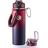 GOSWAG Insulated Sports Water Bottle, 24oz 2 Lids(with Straw/No Straw), Stainless Steel Water Bottles with Paracord Handle, Insulated Bottle with Double-Wall Vacuum Insulation