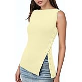 OLAPTA Women Asymmetrical Button Down Side Split Sleeveless Tank Tops Boat Neck Slim Fit Summer Casual Side Button Knit Vest