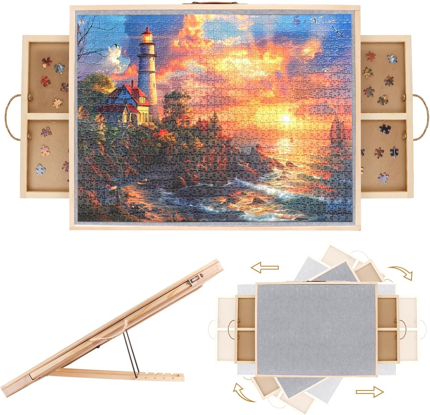 Photo 1 of 2 in 1 Rotating Tilting Puzzle Board with Drawers, 1500 Piece Jigsaw Puzzle Board with Portable Cover 4 Wheels 4 Sorting Tray for Puzzle Lovers, 35 X 27 Inch