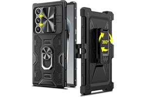 Caka for Galaxy S24 Ultra Case with Belt Clip Holster & Stand & Slide Camera Cover, Built-in 360° Rotate Ring Holder Magnetic Protective Phone Case Cover for Samsung Galaxy S24 Ultra 2024, Black