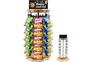 X-Kingsun Chip Rack Display Stand 5 Tiers 40 Clips Snack Organizer With Message Board Rotating Candy Display Rack with Wooden Base Chip Holder for Party Retail Concession Concession Stand Countertop