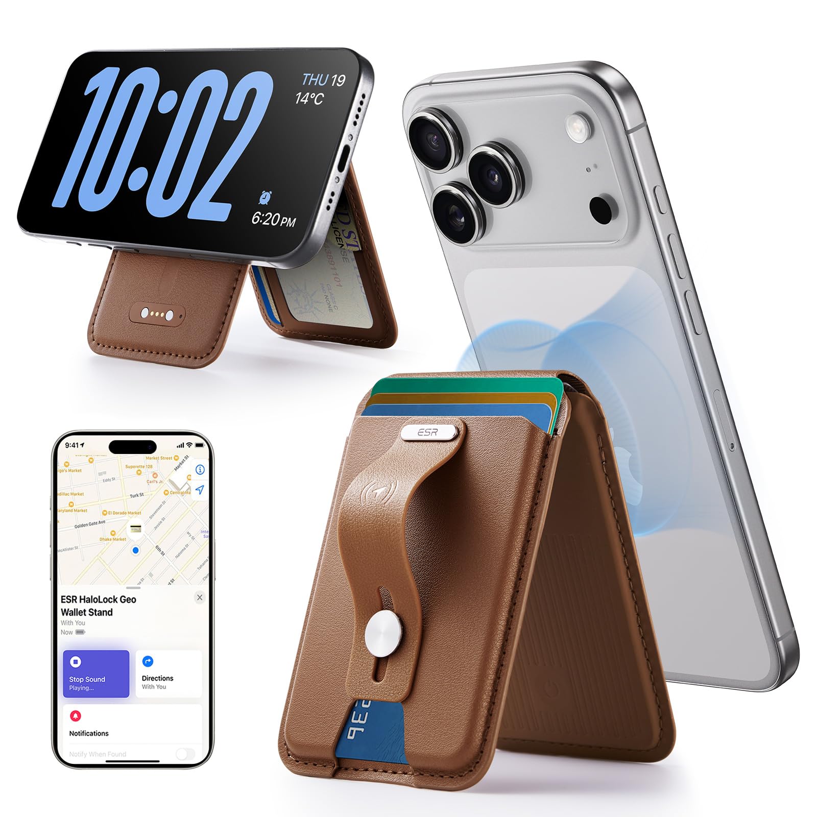 Photo 1 of ESR Geo for Magsafe Wallet with Full Find My Functionality,5 Card-Holder, RFID Blocking, Magnetic Wallet for iPhone 17/16/15/14/13/12 Series, with Adjustable Stand, Brown