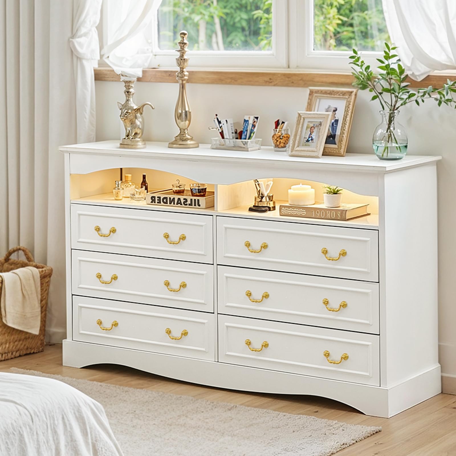 JanflyHome Vintage 6 Dresser for Bedroom, 55" Wide Wood Rustic Chest of Drawers with LED Lights, Farmhouse 6 Drawers Dresser with Natural Texture for Living Room, Hallway, Entryway, White