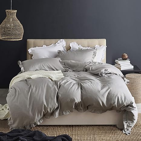 Amazon Hotniu 布団カバー 4点セット セミダブル 掛け布団カバー かわいい フリル付き ベッドカバー 洋式 和式兼用 寝具カバーセット ピーチスキン加工 洗い替え 速乾 セミダブル ライトグレー 寝具カバーセット オンライン通販