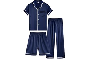OEIU Girls Boys Silky Satin Pajamas Set 3 Pcs for Kid Children Silk pjs Set Sleepwear Button-up Nightwear