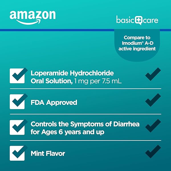 AMAZON BASIC CARE LOPERAMIDE HYDROCHLORIDE ORAL SOLUTION, 1 MG PER 7.5 ML, ANTI-DIARRHEAL MEDICINE, ANTI-DIARRHEA MEDICINE FOR KIDS AND ADULTS 12 YEARS AND OVER, MINT, 8 FLUID OUNCES (PACK OF 1)