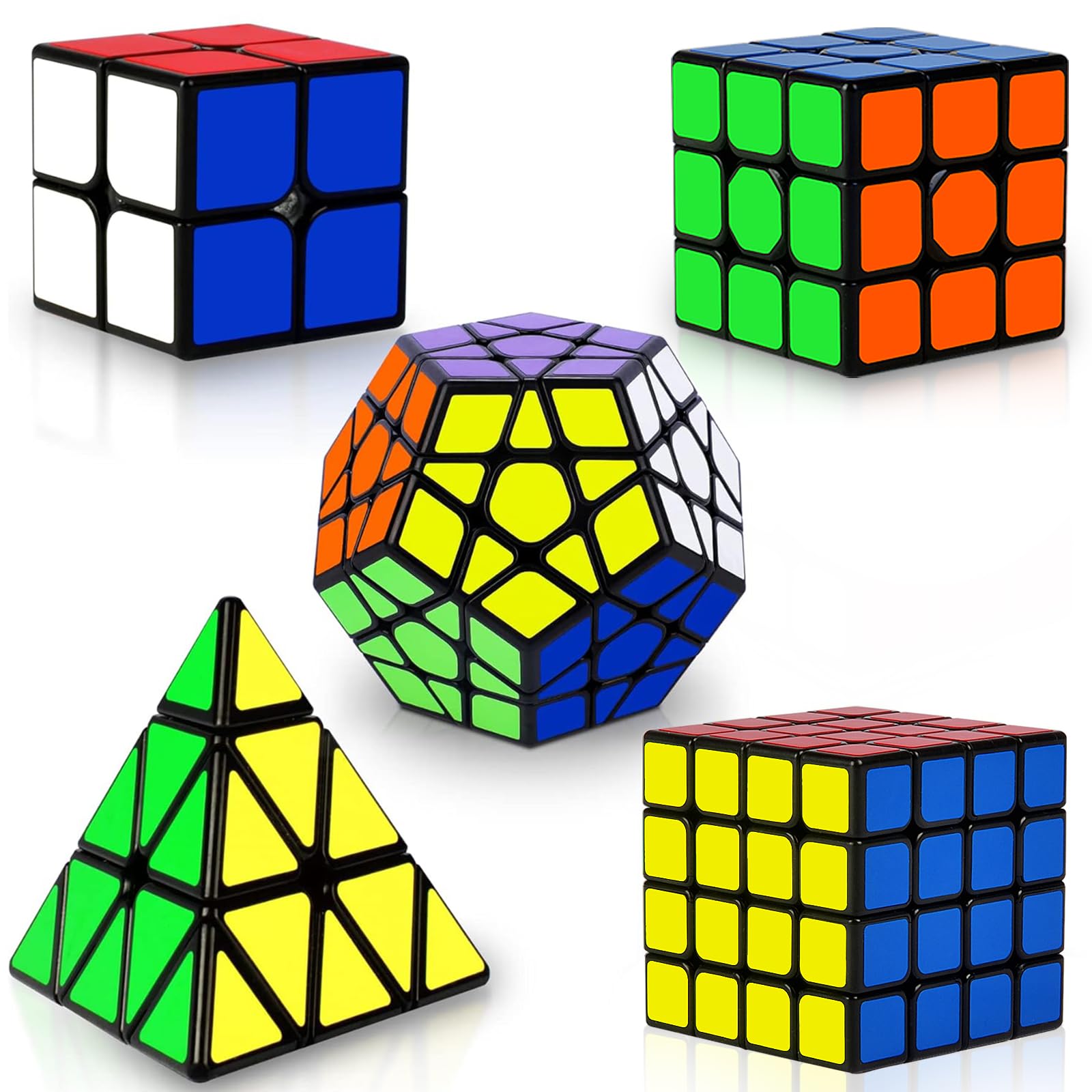 Coolzon Speed Cube Set 5 Pack Magic Puzzle Cubes Pyraminx Pyramid + Megaminx + 2x2x2 + 3x3x3 + 4x4x4 Cube Toys with PVC Stikers for Kids Adults