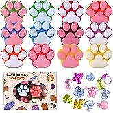 Paw Bath Bomb for Kids with Surprise Toys Inside, 12 Pcs Colorful Handmade Natural Bath Ball with Sparkling Crystal Toys, SPA Fizzy Bath Bomb Gift Set for Girl Boy at Christmas, Birthday
