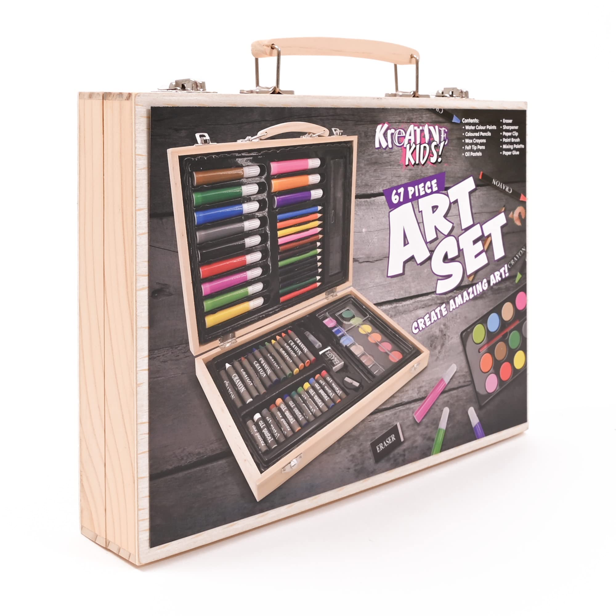 KandyToys Kreative Kids 67 Piece Traditional Wooden Kids Art Set - Fold Out Art Box with Pens; Pencils; Crayons