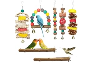 JOREWOOD Natural Wood Bird Chew Toys, 7 Pack Hanging Parrot Cage Perch Stand for Parakeet, Cockatiel, Lovebird, Budgie