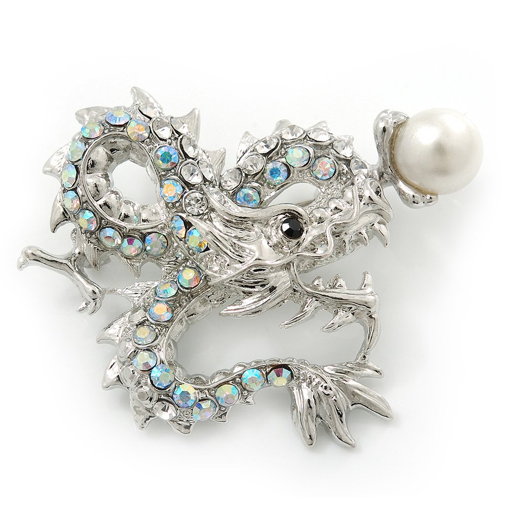 Classic Crystal Chinese Dragon Brooch With Simulated Pearl In Rhodium Plating (Clear/AB) - 50mm Width