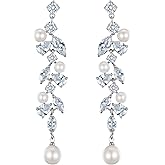 EleQueen Cubic Zirconia Simulated Pearl Teardrop Dangle Earrings Jewelry for Wedding Bridal