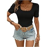 SweatyRocks Women's Summer Square Neck Short Sleeve T Shirts Ribbed Knit Slim Fit Scallop Trendy Basic Top