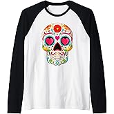 Sugar Skull With Hearts Valentine's Day Skull Raglan Baseball Tee