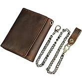 UCCKEYI Men Tri-fold Vintage Leather Biker Chain Wallet With Snap Closur Zipper Purse Brown