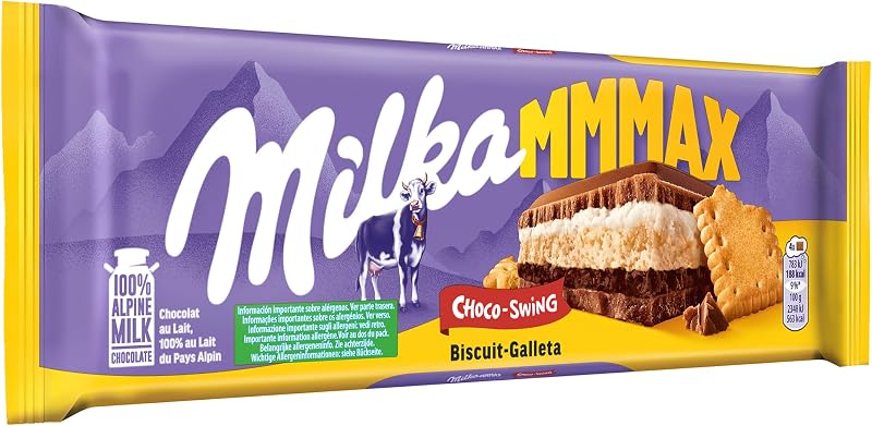Barra grande de chocolate ao leite alpino milka mmmax choco swing com biscoito, recheio de creme de leite e recheio de creme de cacau 300g