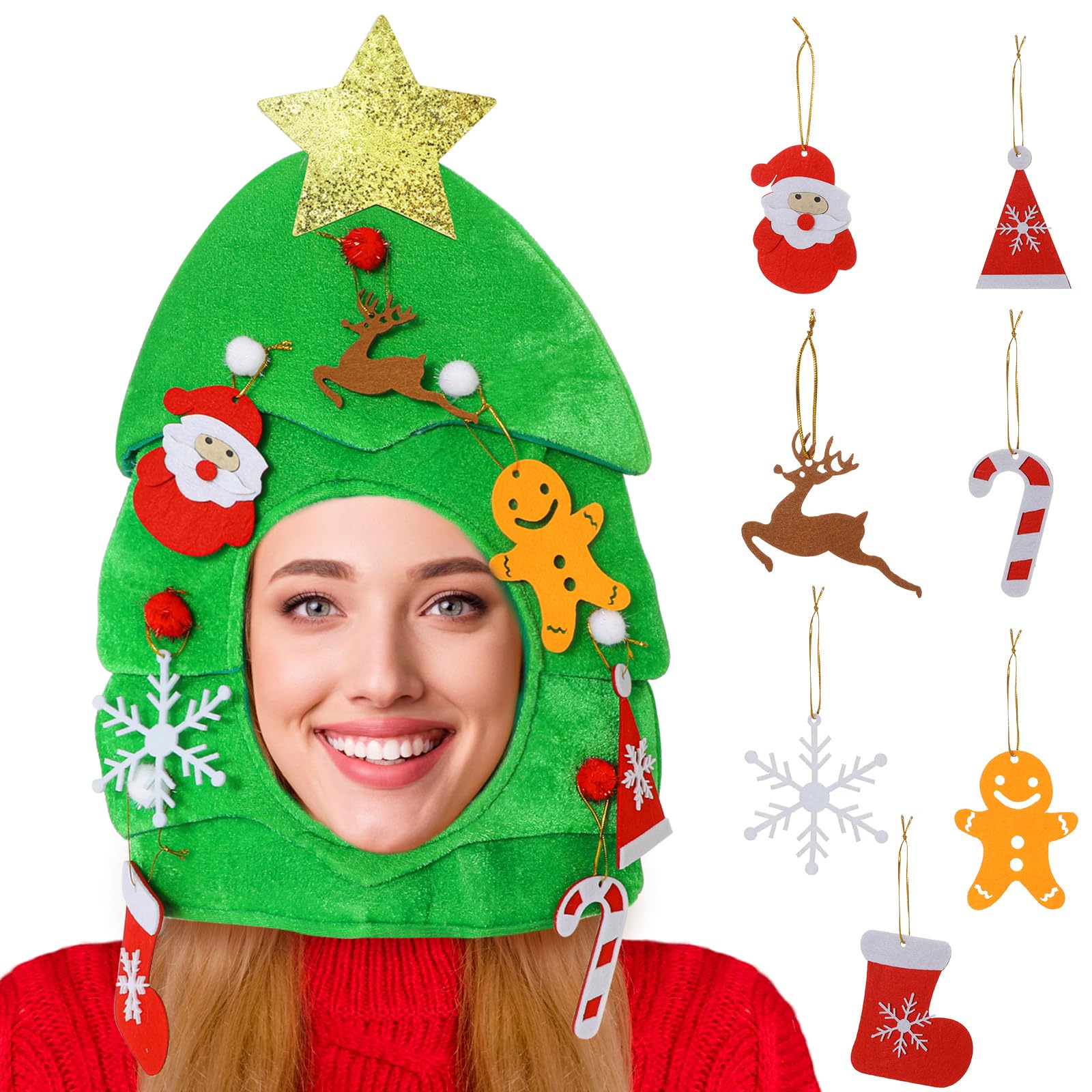 Christmas Tree Hat with 7PCS Felt Christmas Tree Ornaments Set, Funny Christmas Hats Christmas Party Hats, Christmas Accessories Novelty Christmas Hats for Adults Kids for Christmas Party Dress Up
