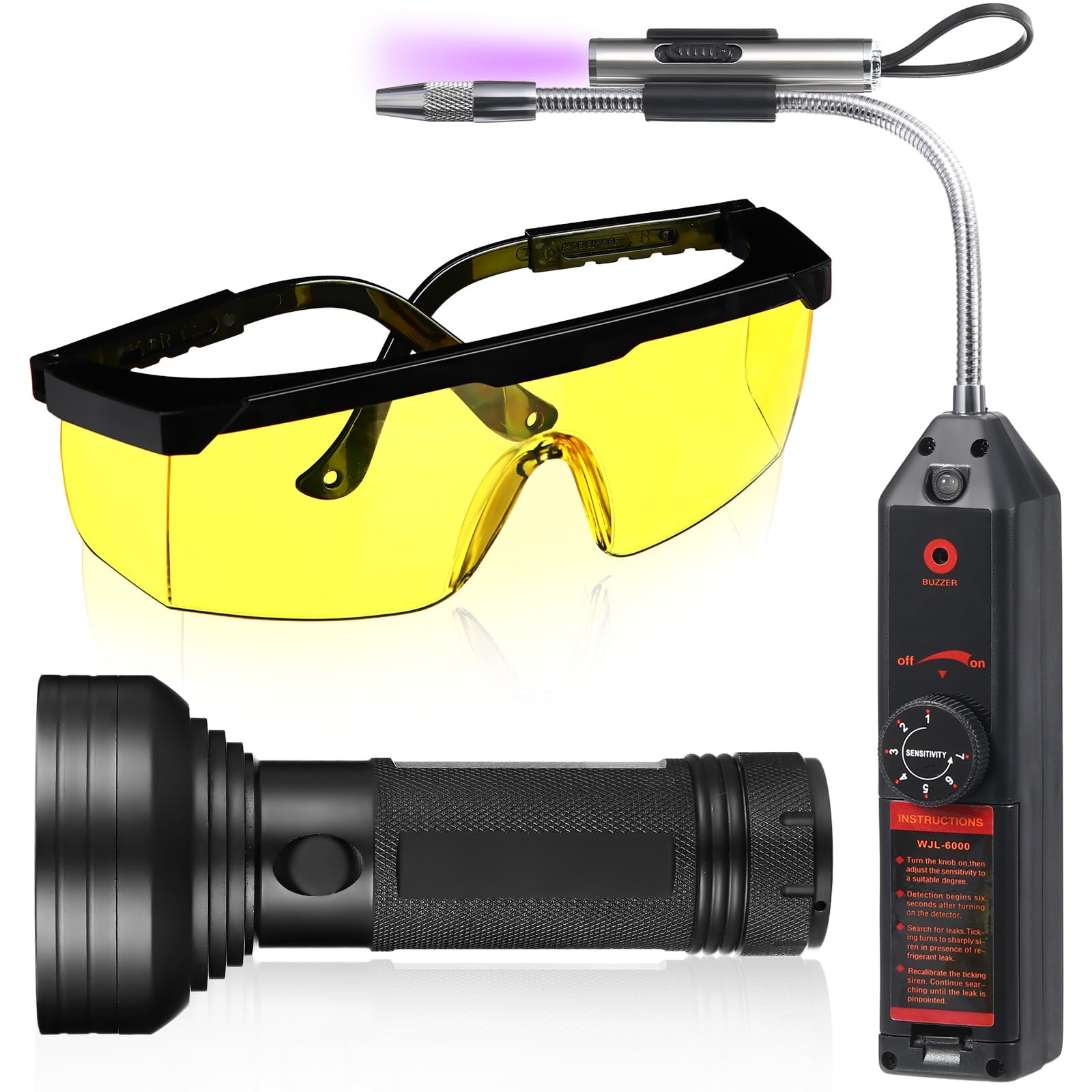 Photo 1 of Glooglitter AC Leak Detector Kit Tool WJL-6000 Refrigerant Leak Detector with 68 LED UV Flashlight and Yellow UV Protective Glasses for HVAC Air Conditioner R22 R410A R134A(Black)