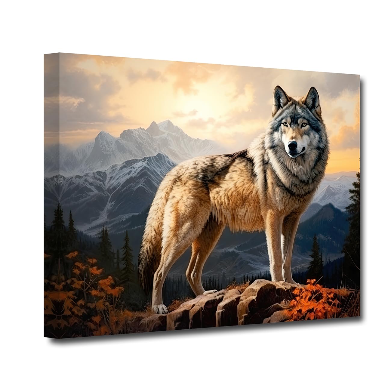 LZIMU Wolf Wall Art Wolf in the Mountain Canvas Art Print Forest Sunrise Animal Painting Abstract Animals Posters for Home Decor Framed (Animal-2, 12.00"x18.00")