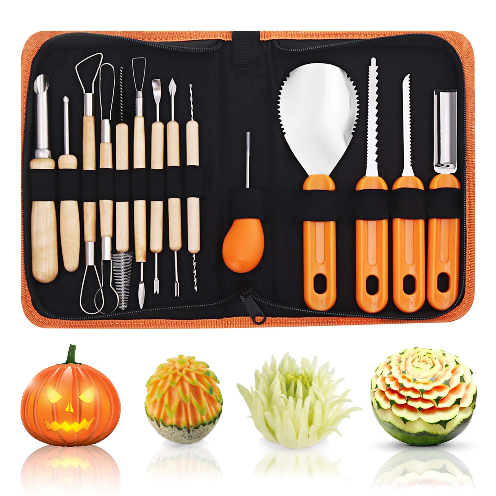 Culinary Carving Tool Kit for Fruit Vegetable, NASUM Pumpkin Carving Set 14 Pieces, Professional Pumpkin Cutting accessories Tools，Soft Grip Rubber Handle Stainless Steel Carving Kit