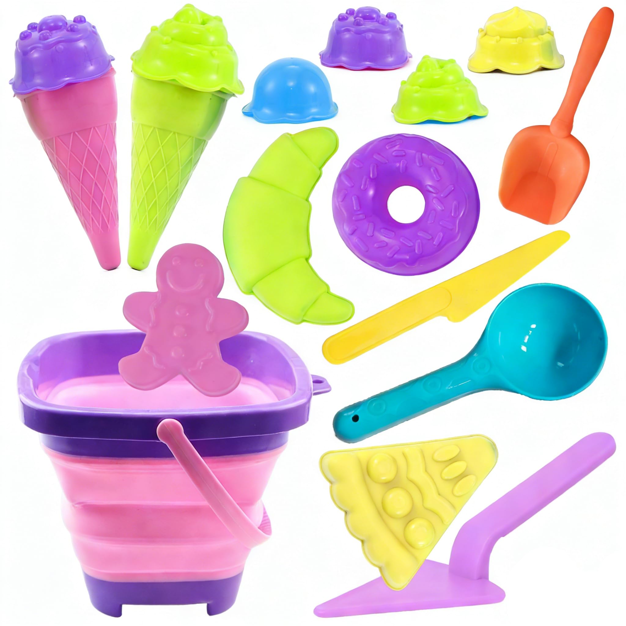 Lubibi Foldable Bucket Beach Toy Set for Kids, Outdoor Water and Sand Toys With Plastic Baking Toys 10 PCS Baking Moulds, Sand Beach Toy For Spring Summer Holiday For Boys Girls 4 5 6 7