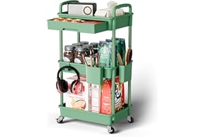 Sorgion 3 Tier Rolling Cart Organizer,Laundry Room Bathroom Organizers and Storage Office Shelves Mobile Shelving Unit Kitchen Trolley Cart with Wheels for Art,Craft,Diaper,Bedside,Snack(Green)