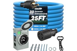 COOLTOP 30 Amp Generator Cord and Power Inlet Box Kit, 25FT Heavy Duty Extension Cord 125/250V NEMA L14‑30P to L14‑30R Genera