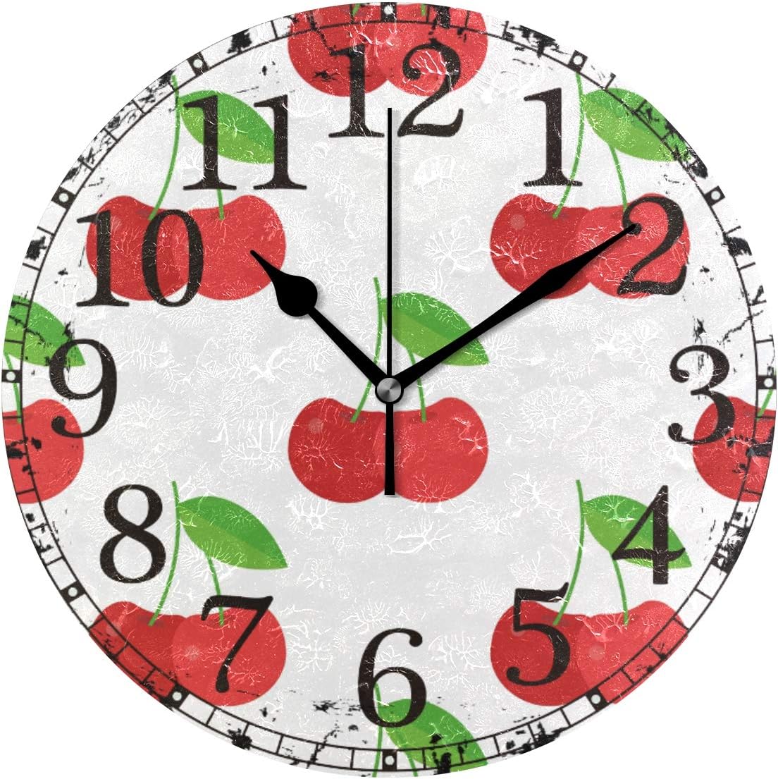 Wall Clock Fruit Red Cherries Pattern Sweet Round Acrylic Clock Black Large Numbers Silent Non-Ticking 9.45" Clock Decorative Retro Battery Operated Clock for Home School Hotel Library