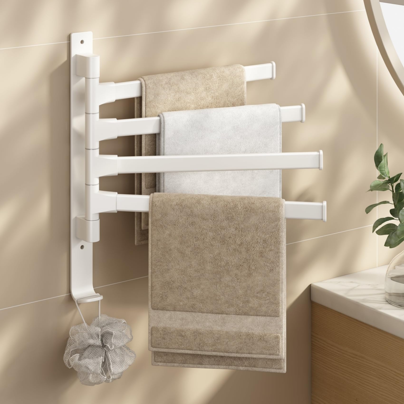 yozhch Swivel Towel Rail Wall Mounted, Bathroom Rotating Small Towel Rack, Lavatory Swing Hand Towel Holder Folding Bar, 4 Arm Length 32cm, White