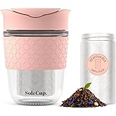 SoleCup. Travel Mug Loose Tea Infuser - Detachable Tea Strainer with Spillproof Lid - BPA-Free Reusable Glass Travel Coffee Cup with Silicone Band (Pink, 12oz)