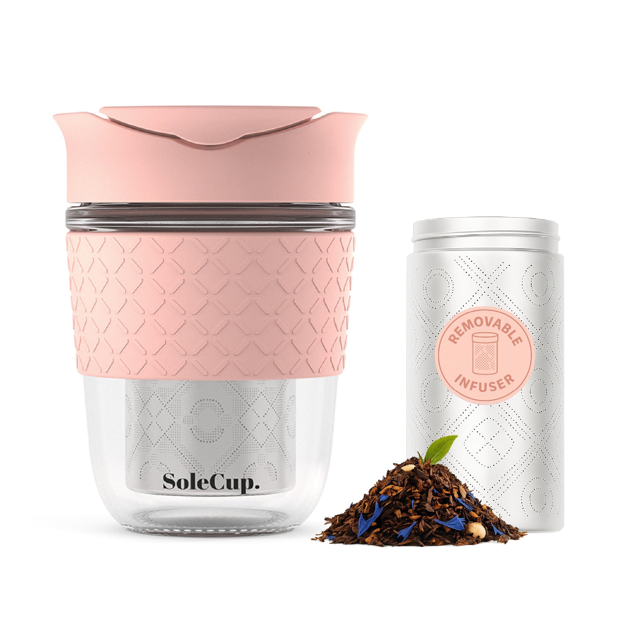 SoleCup. Travel Mug Loose Tea Infuser - Detachable Tea Strainer with Spillproof Lid - BPA-Free Reusable Glass Travel Coffee Cup with Silicone Band (Pink, 340ml / 12oz)