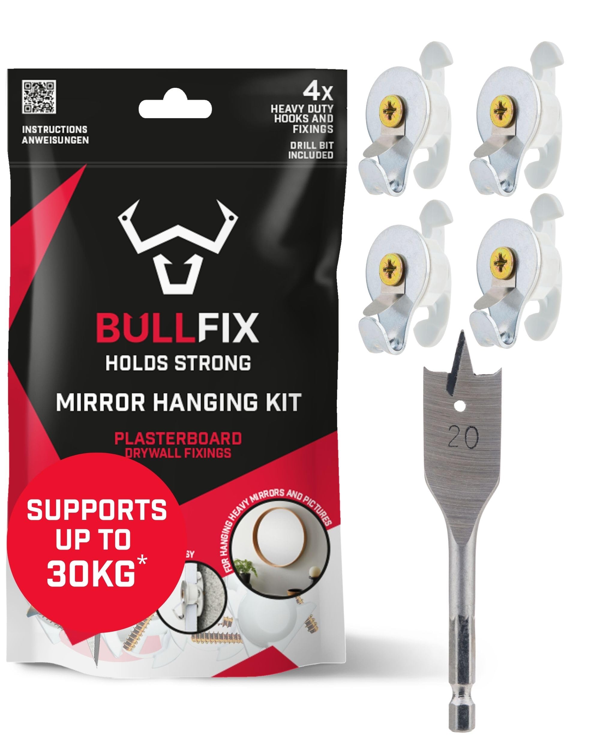 Bullfix Mirror/Picture Hanging Kit - Heavy Duty Plasterboard Fixings for Pictures, Mirrors and Canvases - 4 Bullfix Universal Anchors with Collars, Hooks and a 20mm Drillbit, Picture Frame Fixings Kit