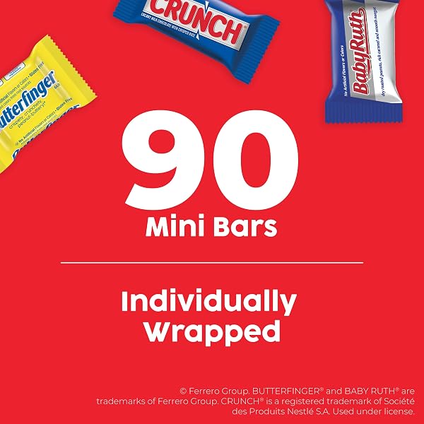 ASSORTED BUTTERFINGER, CRUNCH, AND BABY RUTH MINI CHOCOLATES, 90 COUNT PARTY PACK, 32.4 OZ